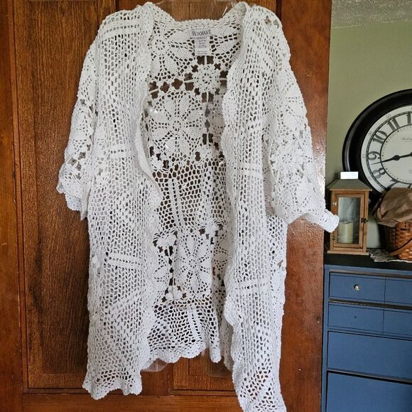 Roaman’s White Crochet Cardigan Swim Cover-Up Women’s M Boho Resort Beachwear - Picture 1 of 5